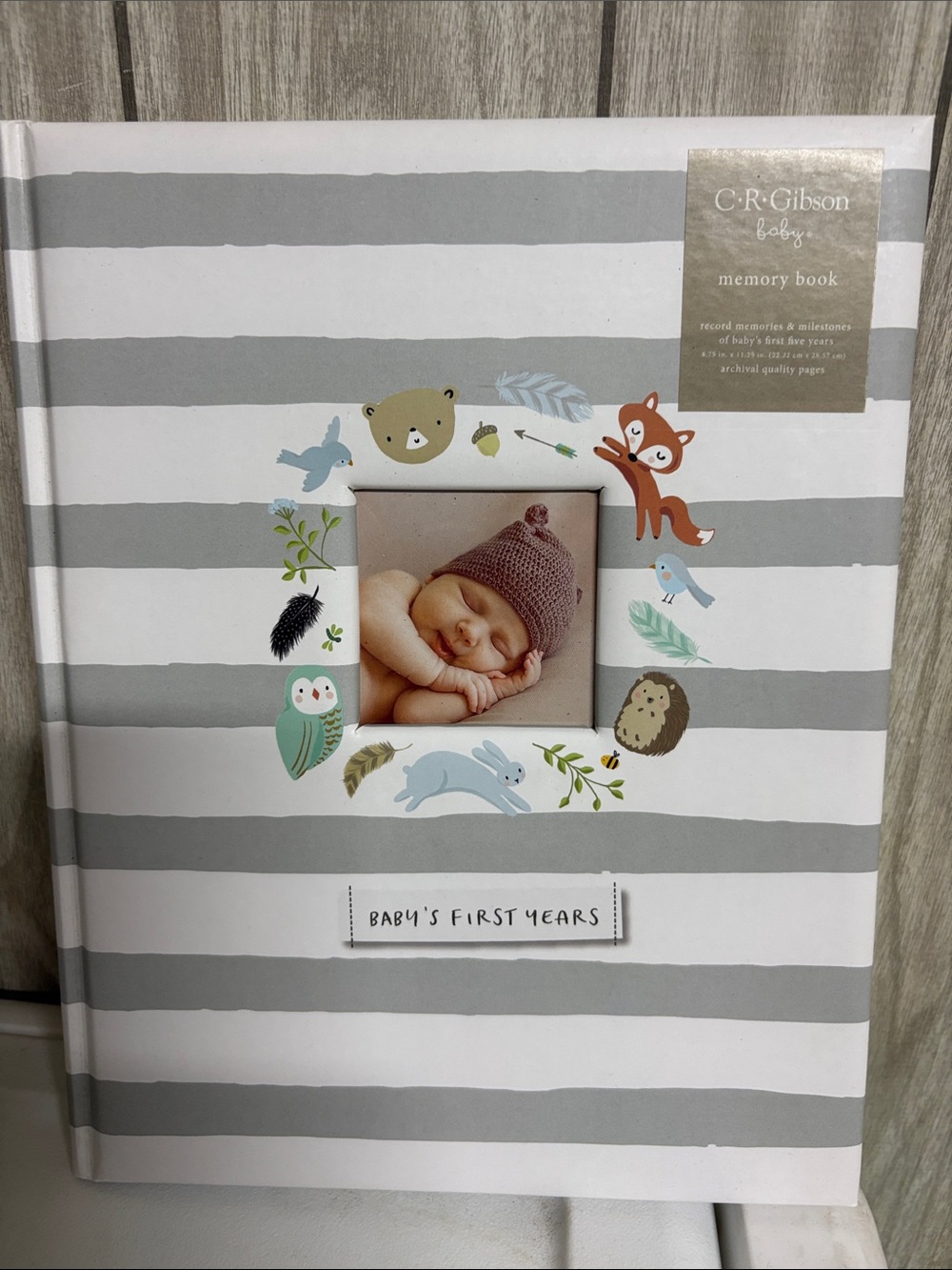 Gibson Gray and White Striped Baby Memory Book with Woodland Animals